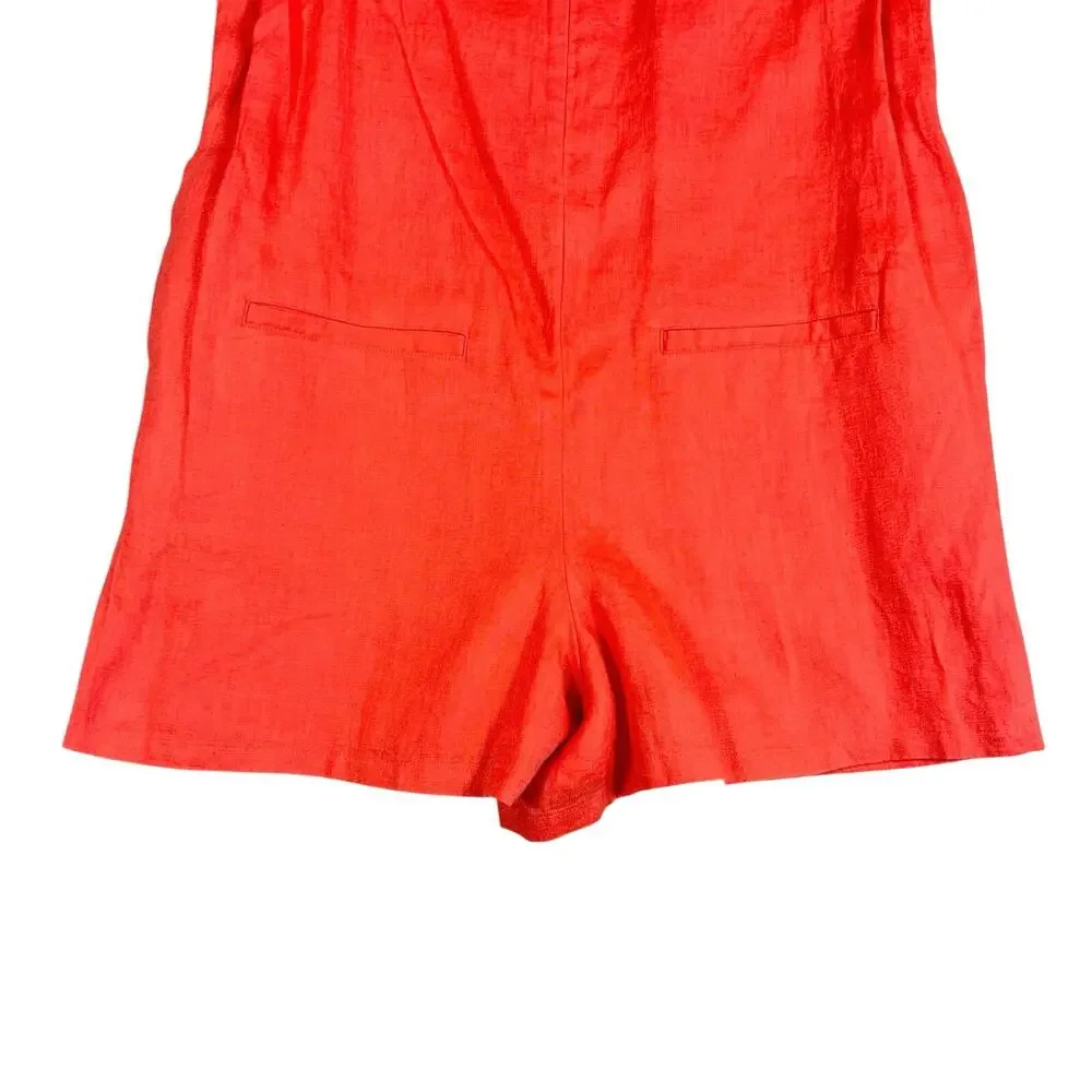 Banana Republic 100% Linen Romper XS Coral Sunset Red Sleeveless Summer Coastal